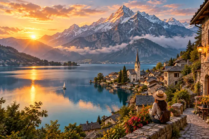 A small mountain village beside a blue lake at sunrise, seen in a detailed painterly landscape.
