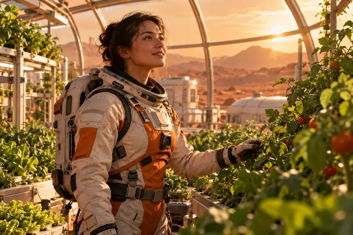 An astronaut standing among lush plants in a Martian greenhouse, framed as a cinematic portrait in warm morning light.