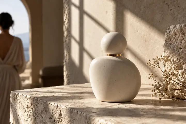 A minimal ceramic perfume bottle on pale stone, photographed close-up with dramatic window shadows.