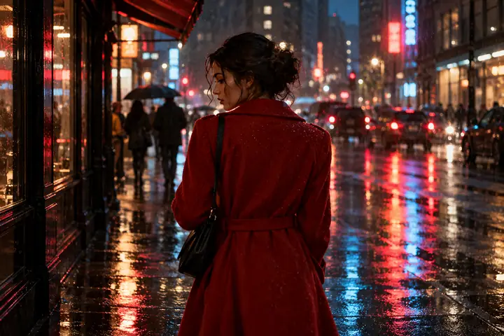 A woman in a red coat on a rain-soaked city street at night, photographed with neon reflections and a film-like mood.
