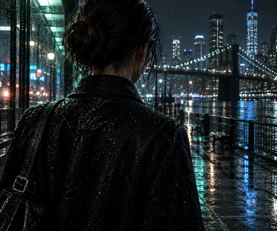 Rainy city portrait example for examining light and surface detail